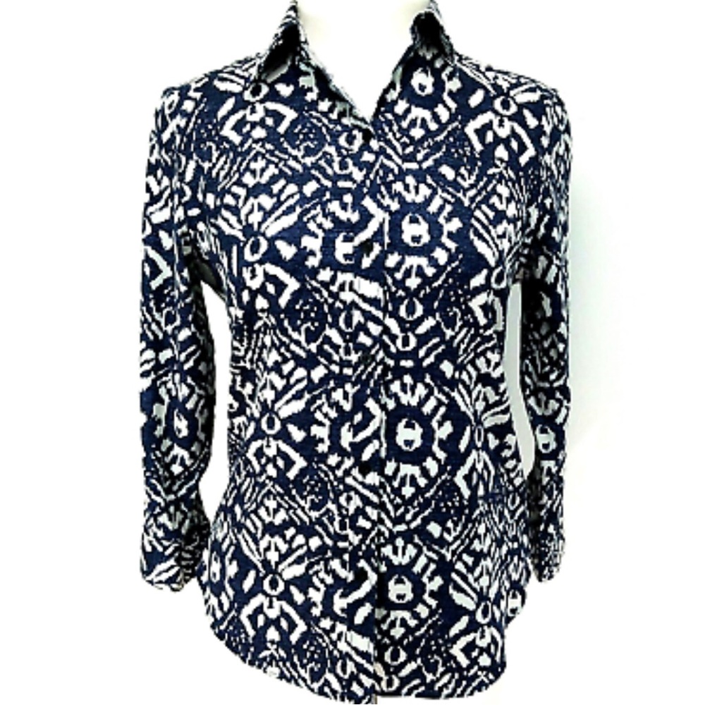 Lauren Ralph Lauren No-Iron Button Down Blouse Blue Ikat Print Sz XXS - Picture 5 of 13